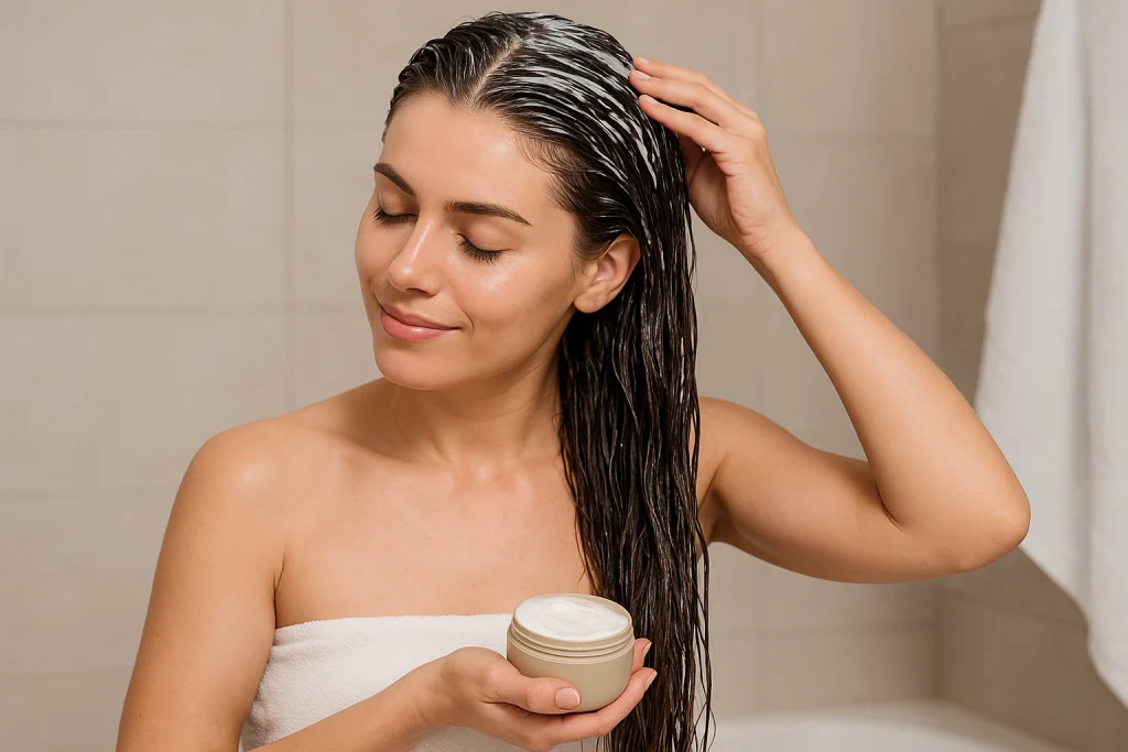 Aplicación de mascarilla nutritiva para restaurar el cabello después de un tratamiento químico