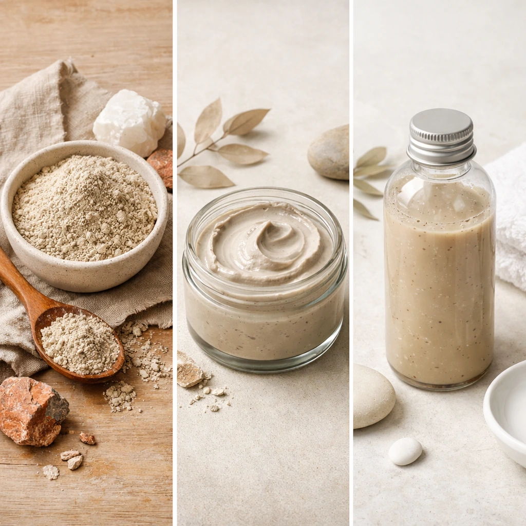 Comparativa de champú de tierra en formato polvo, pasta cremosa y líquido, elaborados con arcillas naturales