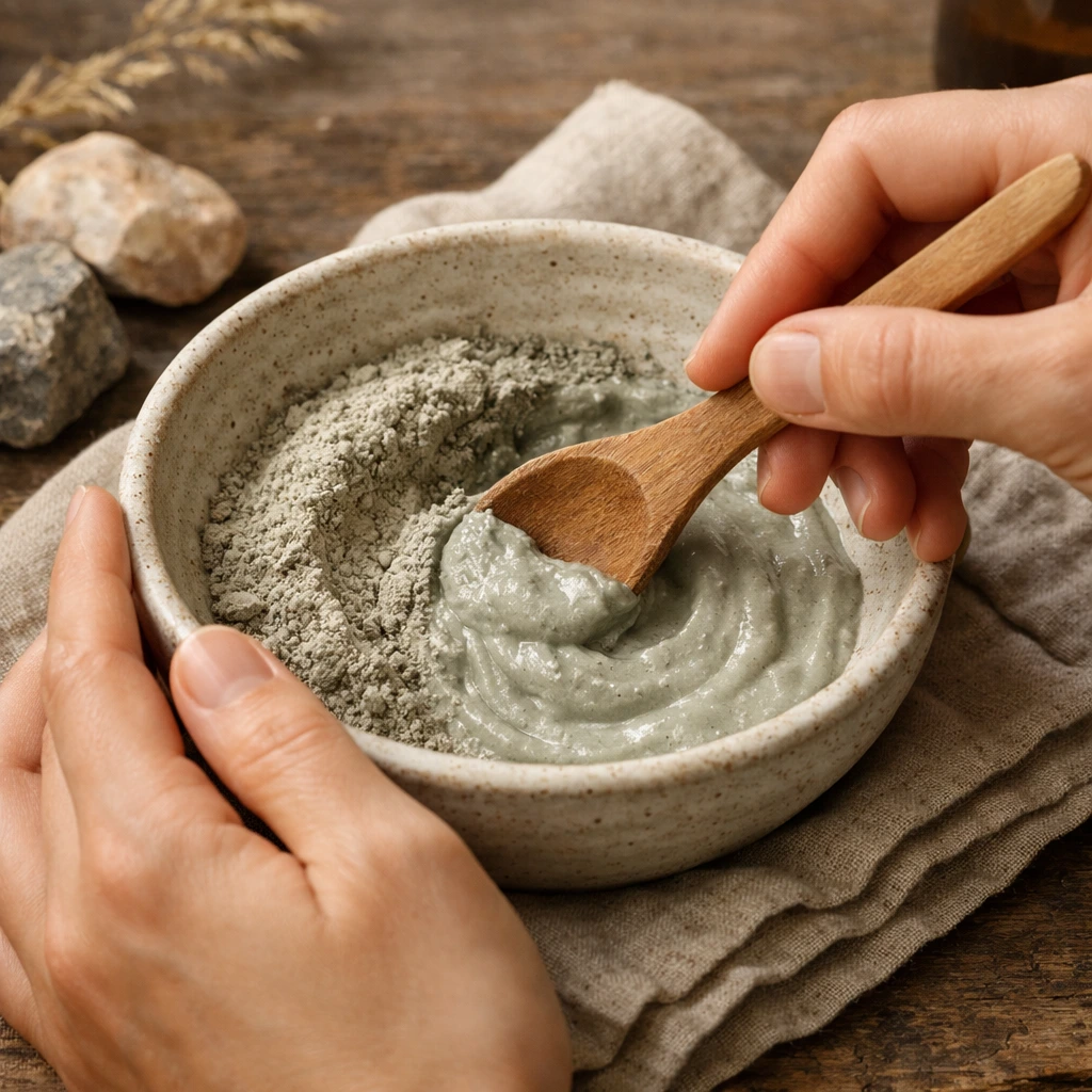Manos preparando champú de tierra al mezclar arcilla natural en polvo con agua hasta formar una pasta cremosa