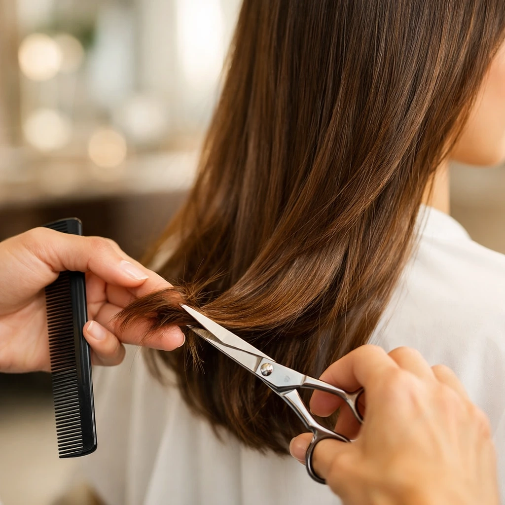 Estilista recortando las puntas del cabello largo y saludable para prevenir puntas abiertas en un salón de belleza