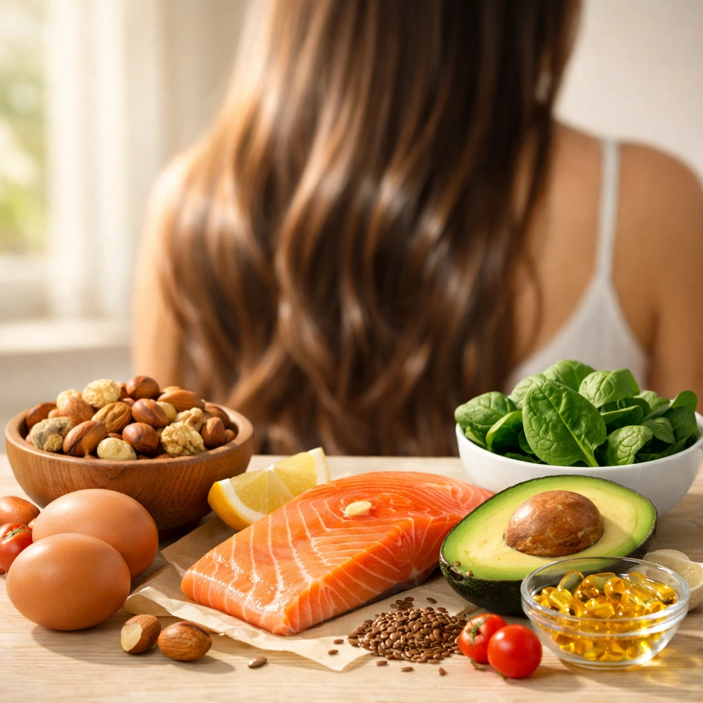Salmón, aguacate, huevos, frutos secos y espinaca como alimentos ricos en omega-3, biotina y vitaminas para la salud capilar