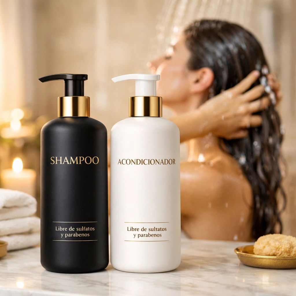 Botellas de champú y acondicionador profesional sin sulfatos ni parabenos junto a mujer lavando su cabello en la ducha