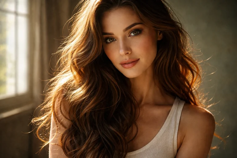 Cabello largo y saludable con brillo natural y textura definida tras un tratamiento químico, iluminado con luz lateral
