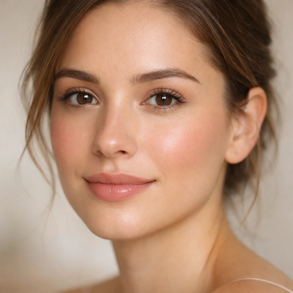 Rostro completo con maquillaje natural para el día a día con piel luminosa y acabado fresco