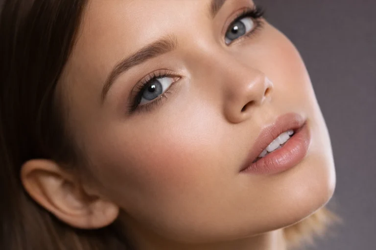 Primer plano de maquillaje natural diario con piel luminosa y tonos neutros suaves