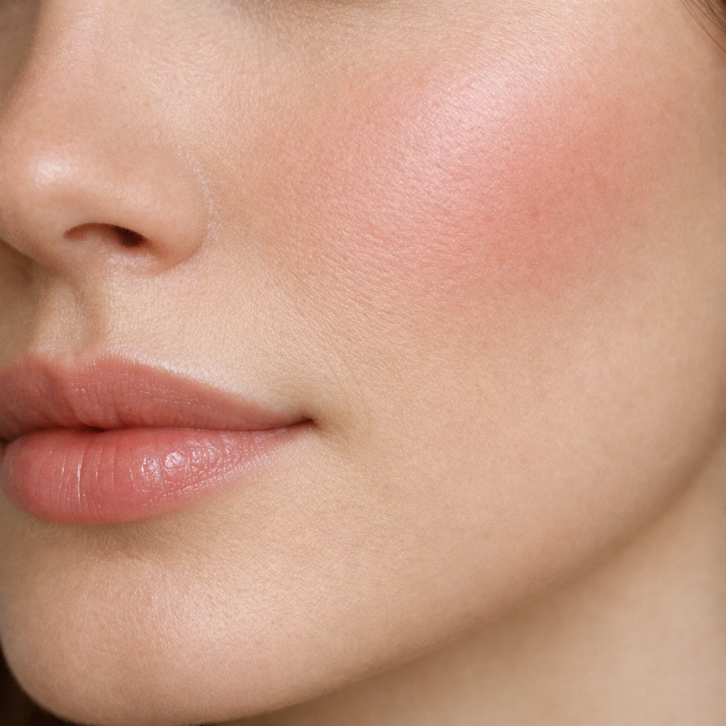 Primer plano de mejillas con rubor rosado suave y labios nude hidratados con acabado natural