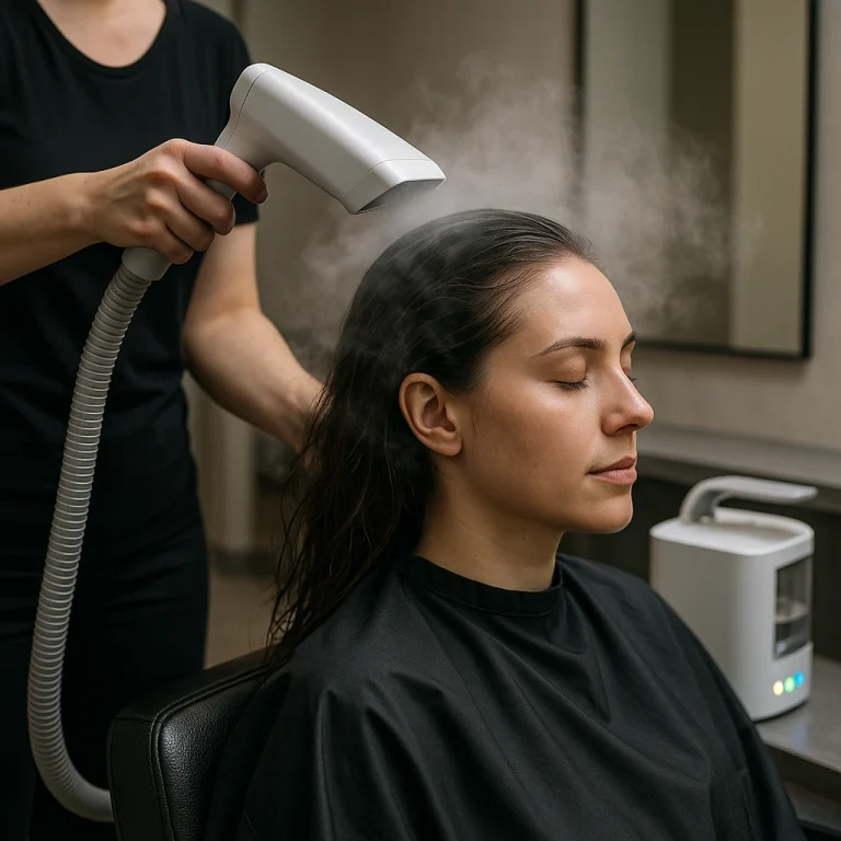 Mujer recibiendo un tratamiento de vapor en frío en un salón, con una estilista aplicando nano-vapor sobre el cabello mediante un dispositivo profesional