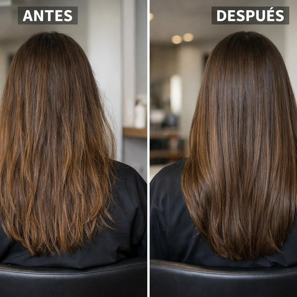 Antes y después de tratamiento de vapor en frío para el cabello mostrando mayor brillo e hidratación