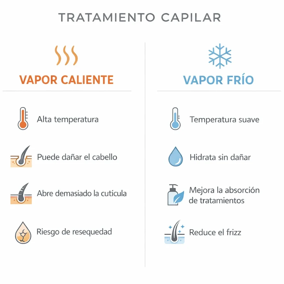 Infografía comparativa de tratamiento capilar con vapor caliente y vapor frío mostrando diferencias y beneficios