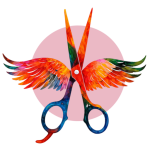 Logo de Cortes & Colores con tijeras aladas en colores vibrantes sobre fondo rosa