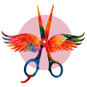 Logo de Cortes & Colores con tijeras aladas en colores vibrantes sobre fondo rosa
