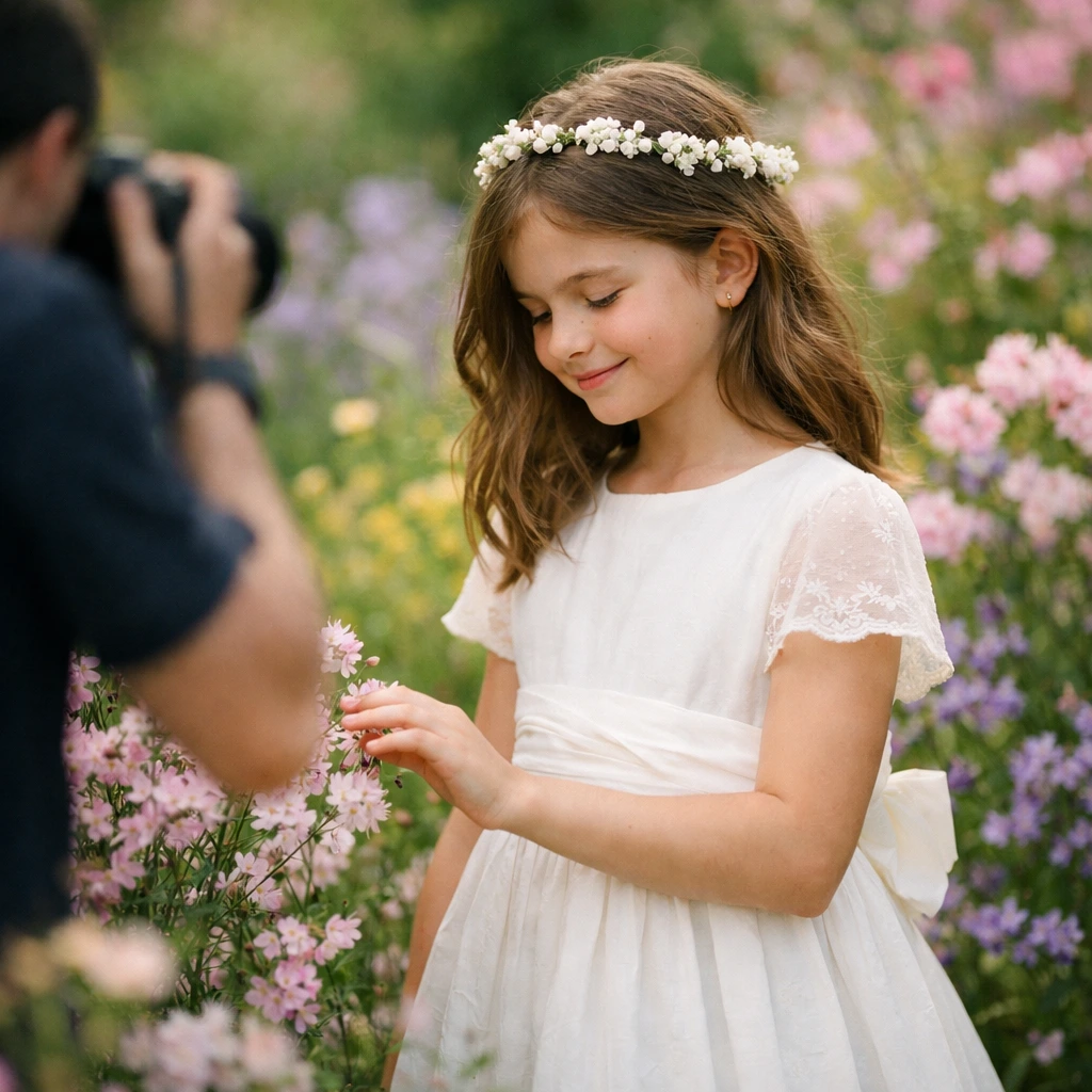 Niña de comunión con peinado natural fotografiada en un entorno floral colorido