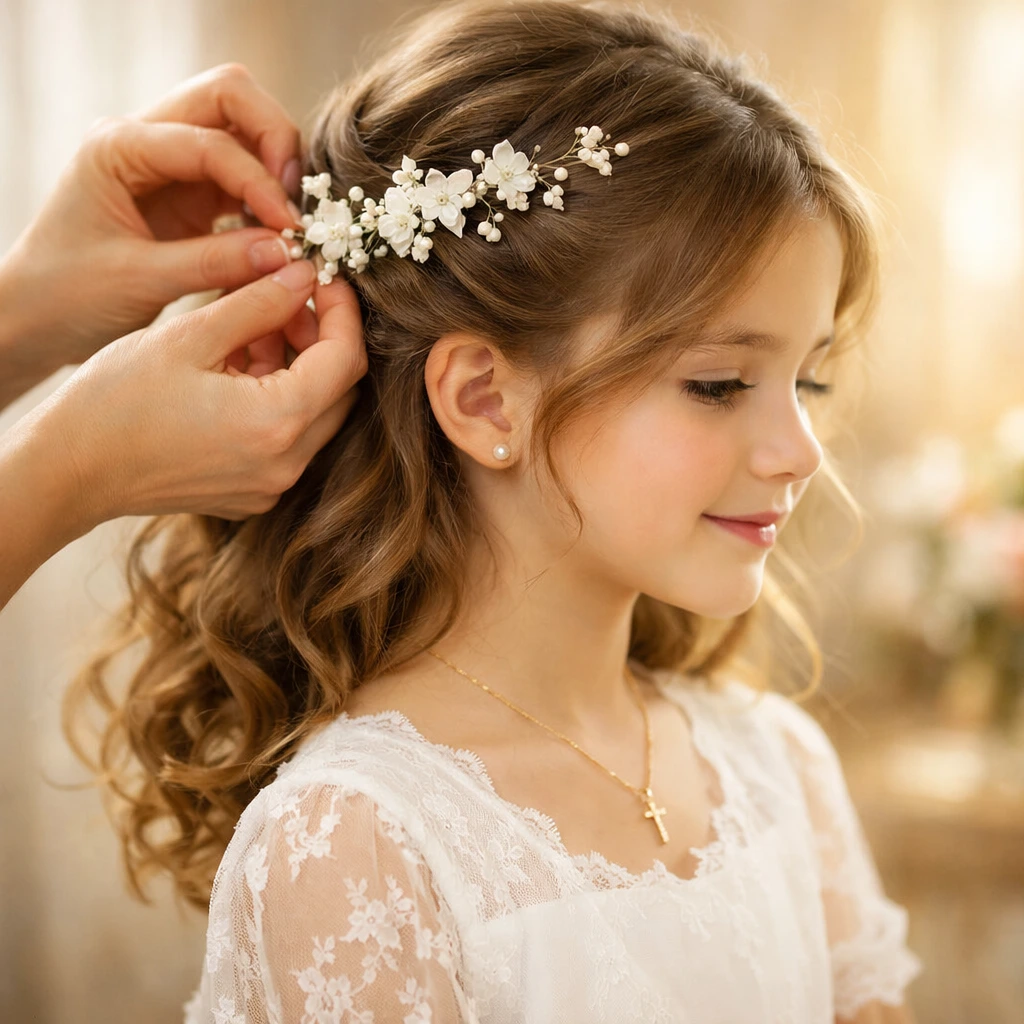 Niña de comunión casi de perfil mientras estilista ajusta un peinado semirrecogido con ondas suaves y detalle floral blanco