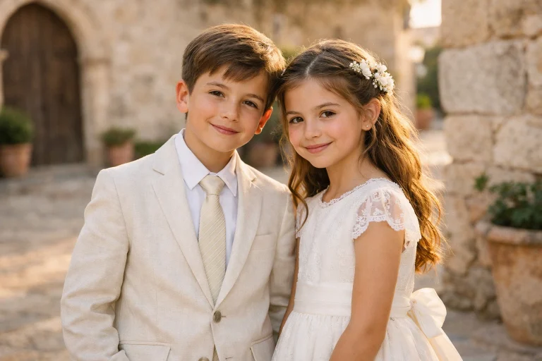 Niño y niña vestidos para Primera Comunión frente a una iglesia con peinados elegantes y estilo natural en luz cálida