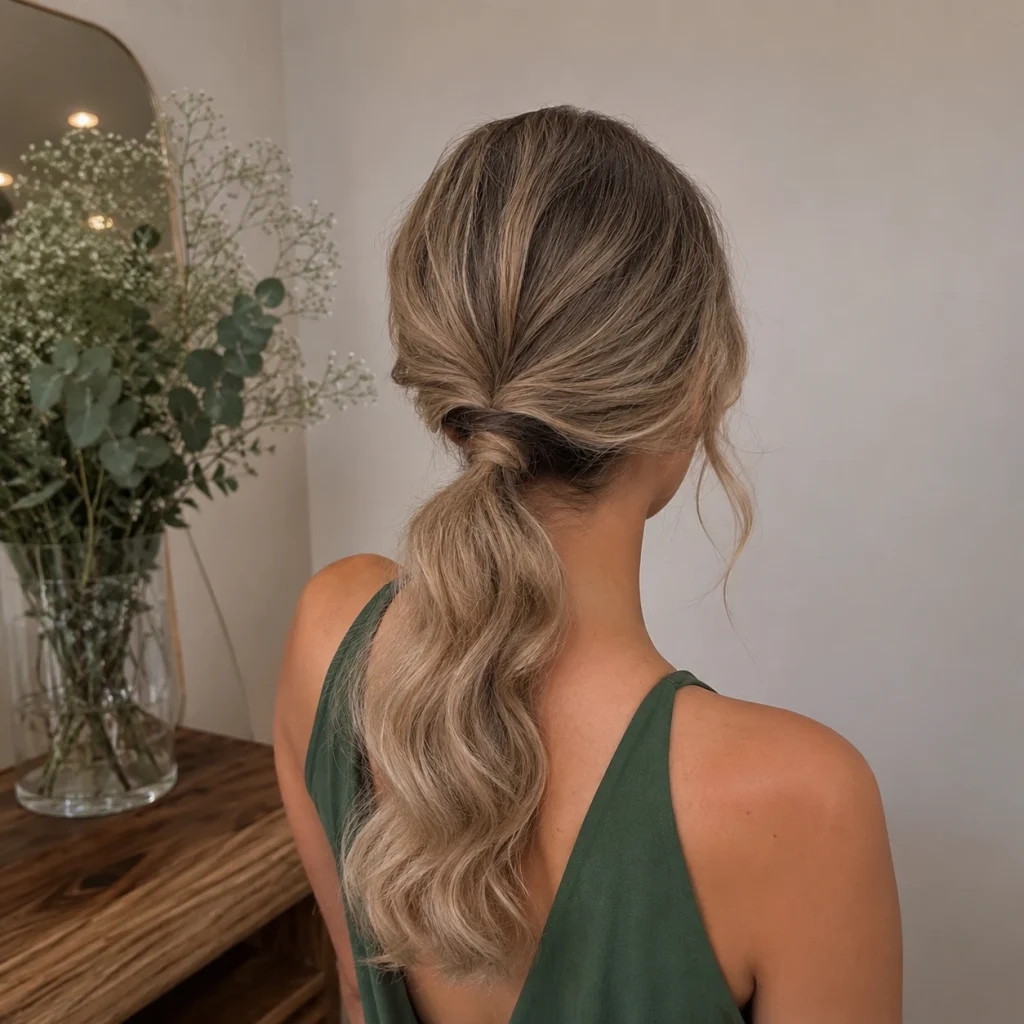 Peinado de coleta elegante para madre de comunión con ondas suaves
