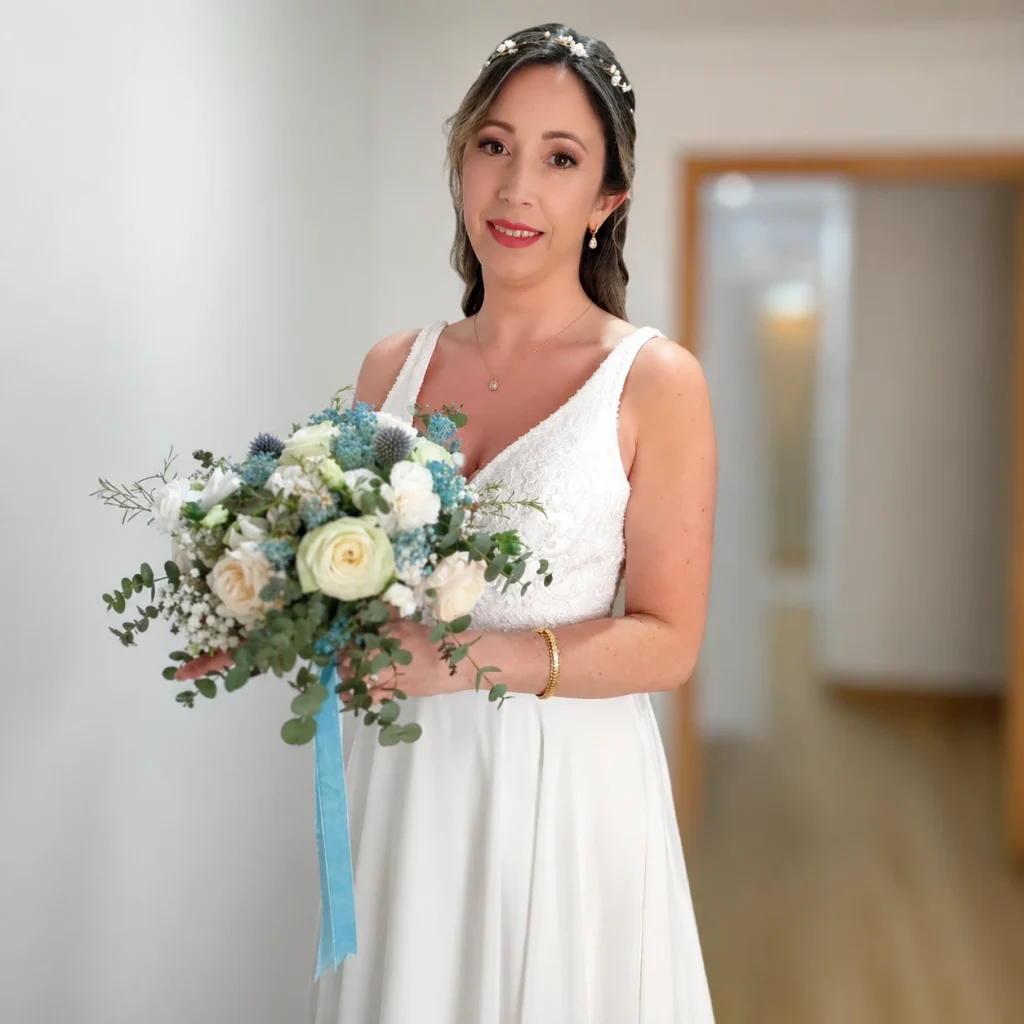 Novia con maquillaje natural sosteniendo ramo de flores en sesión de boda en Alicante