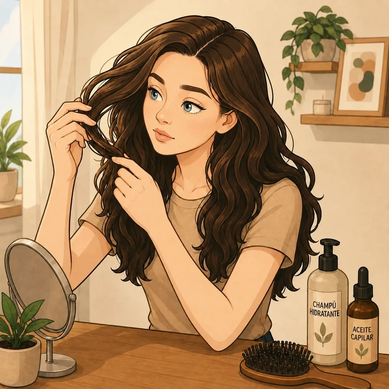 Ilustración de una mujer analizando su cabello para identificar su tipo y elegir los mejores cuidados capilares