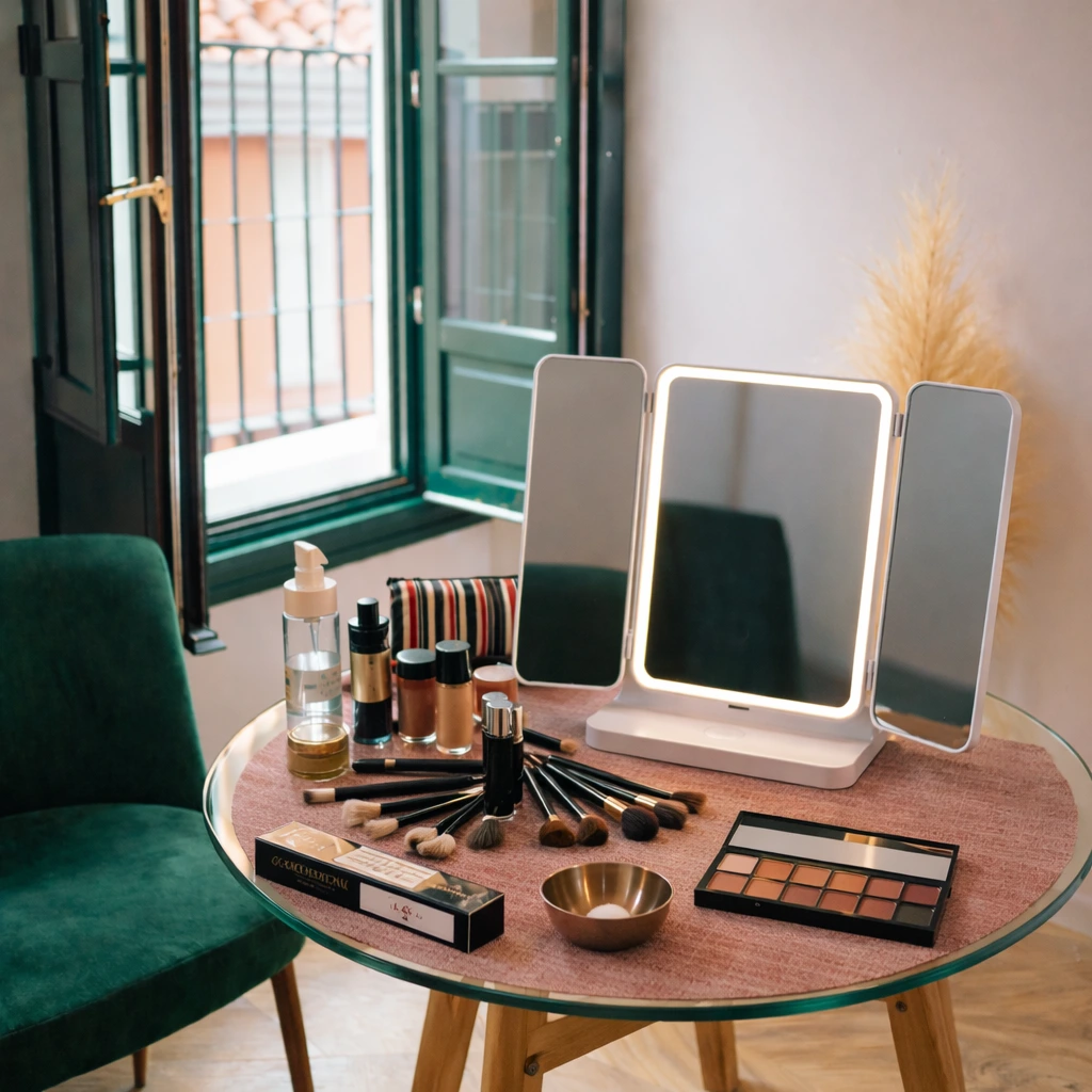 material de maquillaje profesional utilizado en servicios a domicilio en Alicante sobre mesa de trabajo