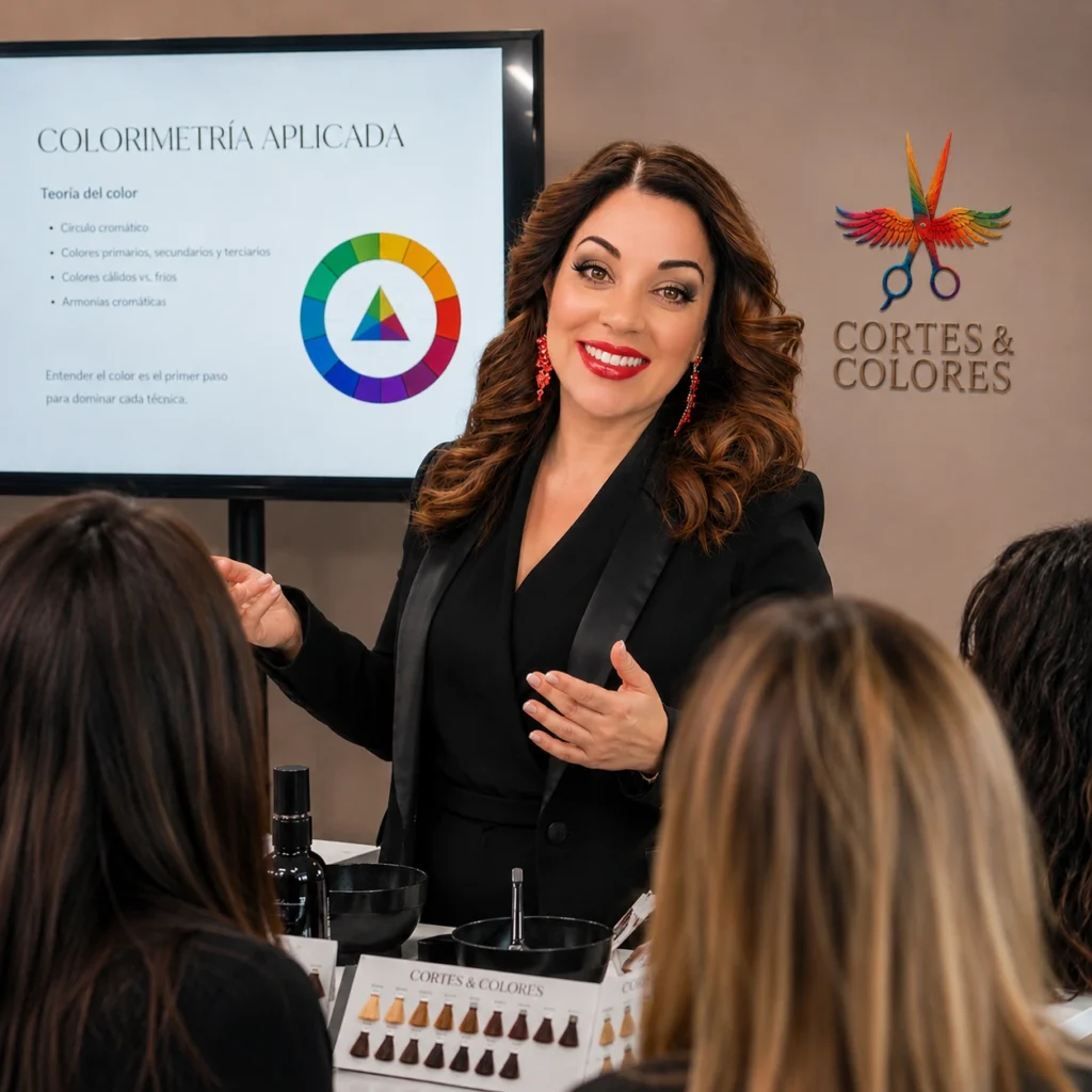 Teresa Figueras impartiendo una formación profesional de maquillaje y colorimetría aplicada para profesionales de la belleza en Cortes y Colores